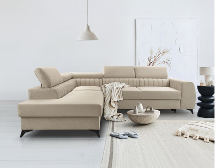 Canapé d'angle gauche 5 places convertible, coffre, têtières en velours Aneta