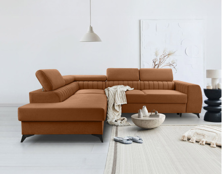 Canapé d'angle gauche 5 places convertible, coffre, têtières en velours Aneta