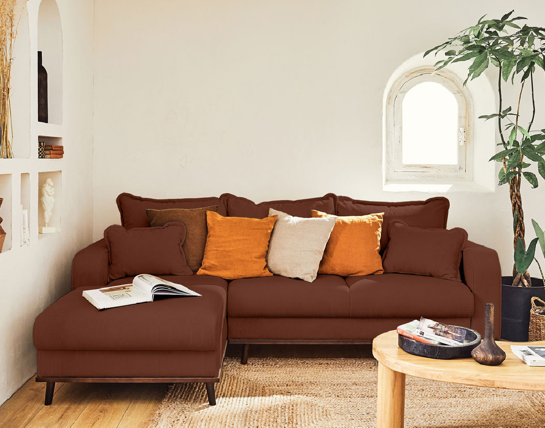 Canapé d'angle gauche 4 places convertible avec coffre en velours côtelé Albane