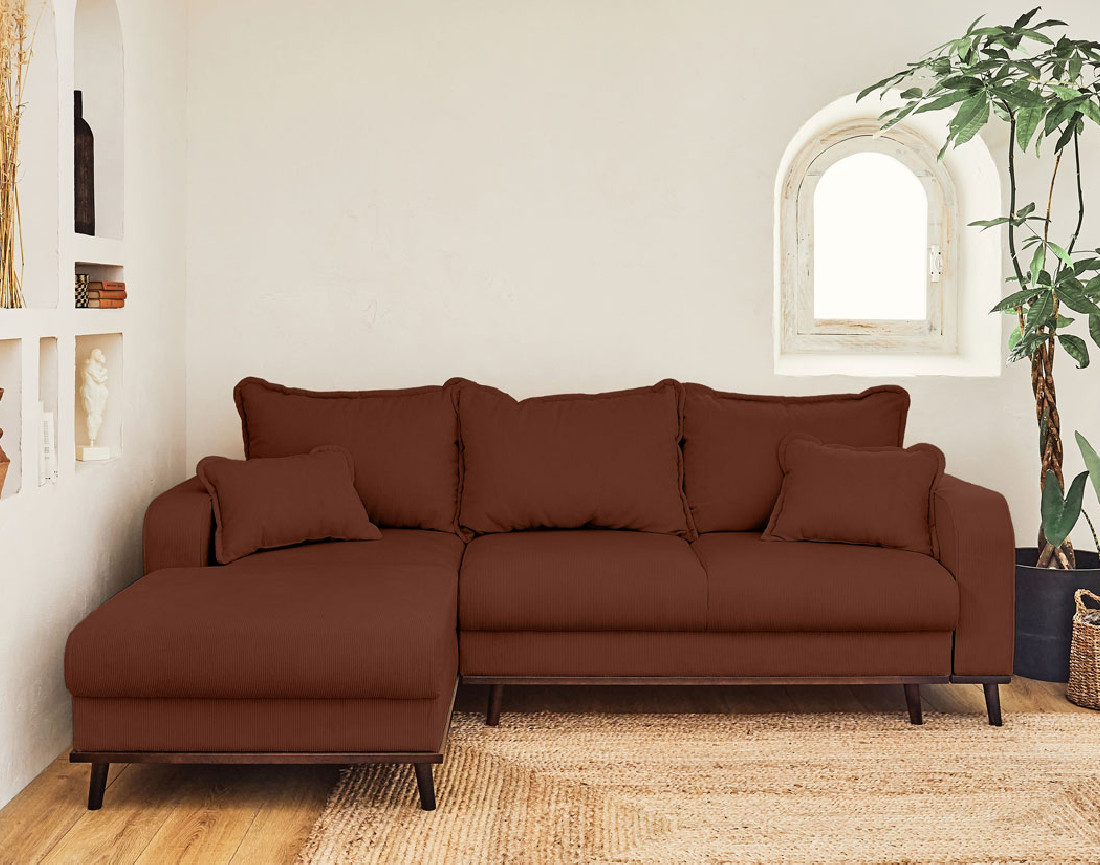 Canapé d'angle gauche 4 places convertible avec coffre en velours côtelé Albane