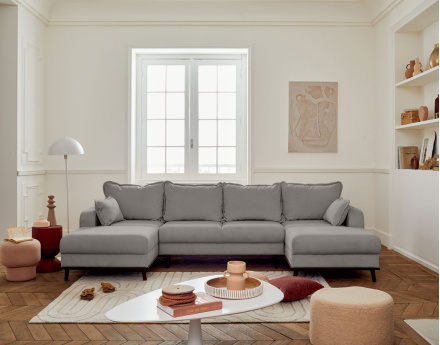 Canapé panoramique en U 7 places convertible avec coffre en velours côtelé Albane