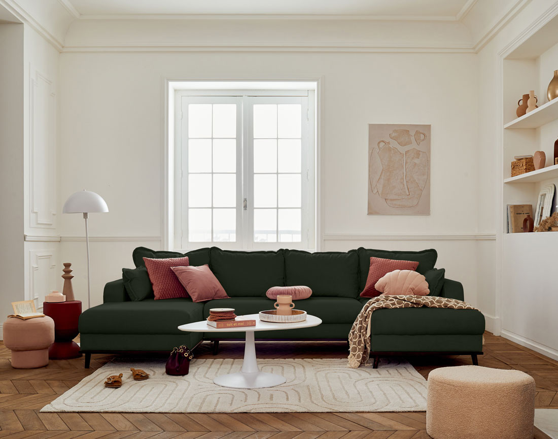 Canapé panoramique en U 7 places convertible avec coffre en velours côtelé Albane