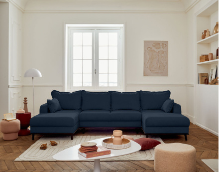 Canapé panoramique en U 7 places convertible avec coffre en velours côtelé Albane