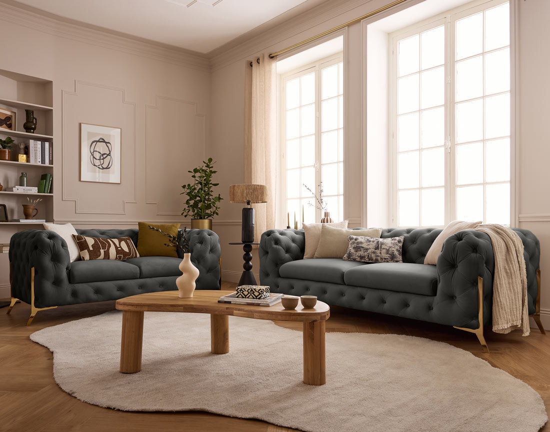 Canapé 2 places chesterfield en velours pieds en métal doré Camden