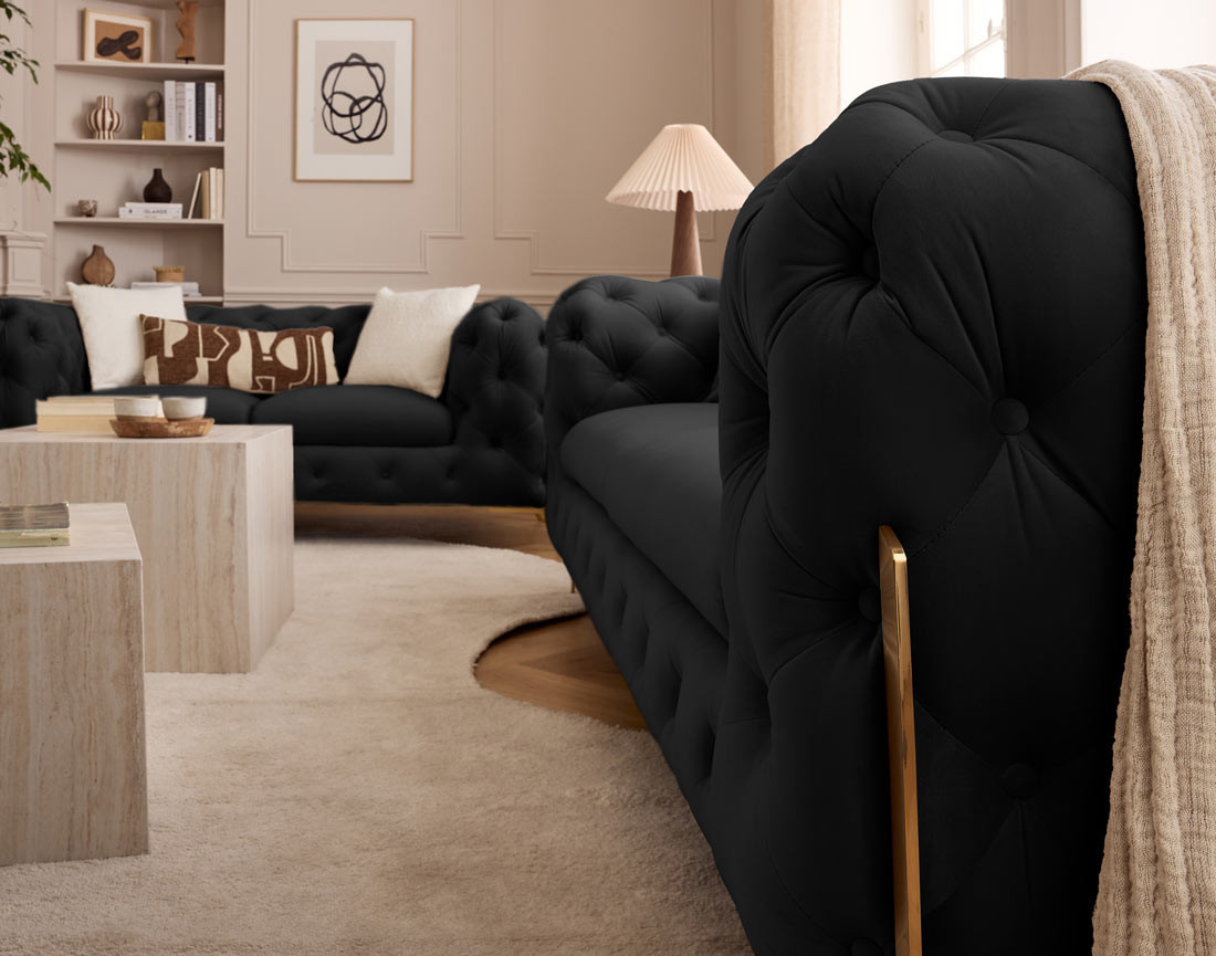 Canapé 2 places chesterfield en velours pieds en métal doré Camden