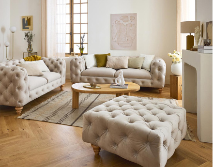 Canapé 3 places chesterfield en velours pieds bois Walter