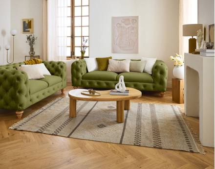 Canapé 3 places chesterfield en velours pieds bois Walter