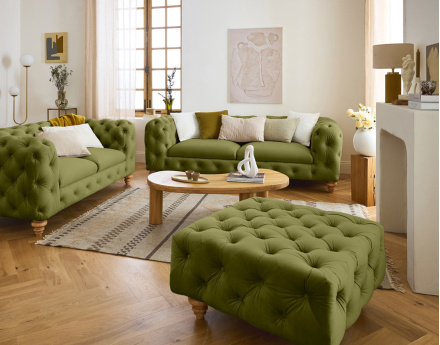 Canapé 3 places chesterfield en velours pieds bois Walter