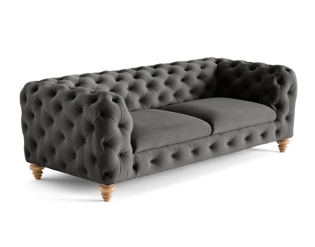 Canapé 3 places chesterfield en velours pieds bois Walter