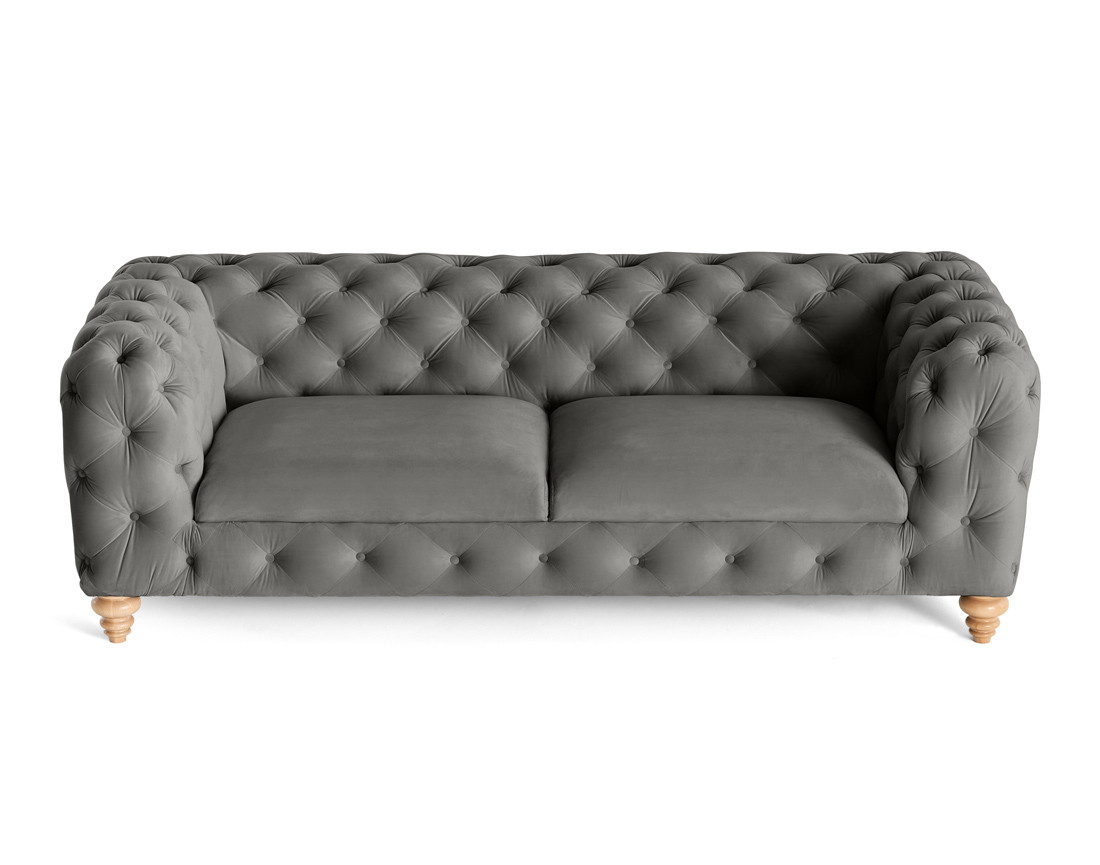 Canapé 3 places chesterfield en velours pieds bois Walter