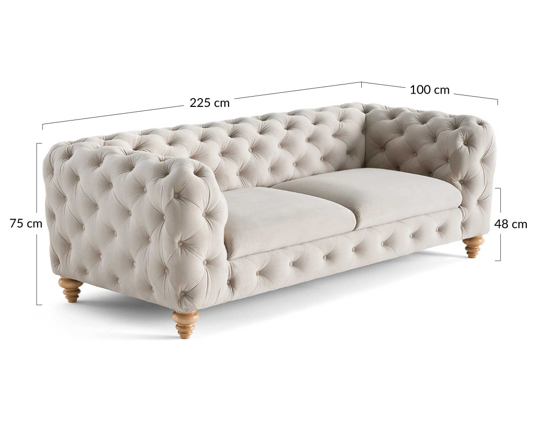 Canapé 3 places chesterfield en velours pieds bois Walter