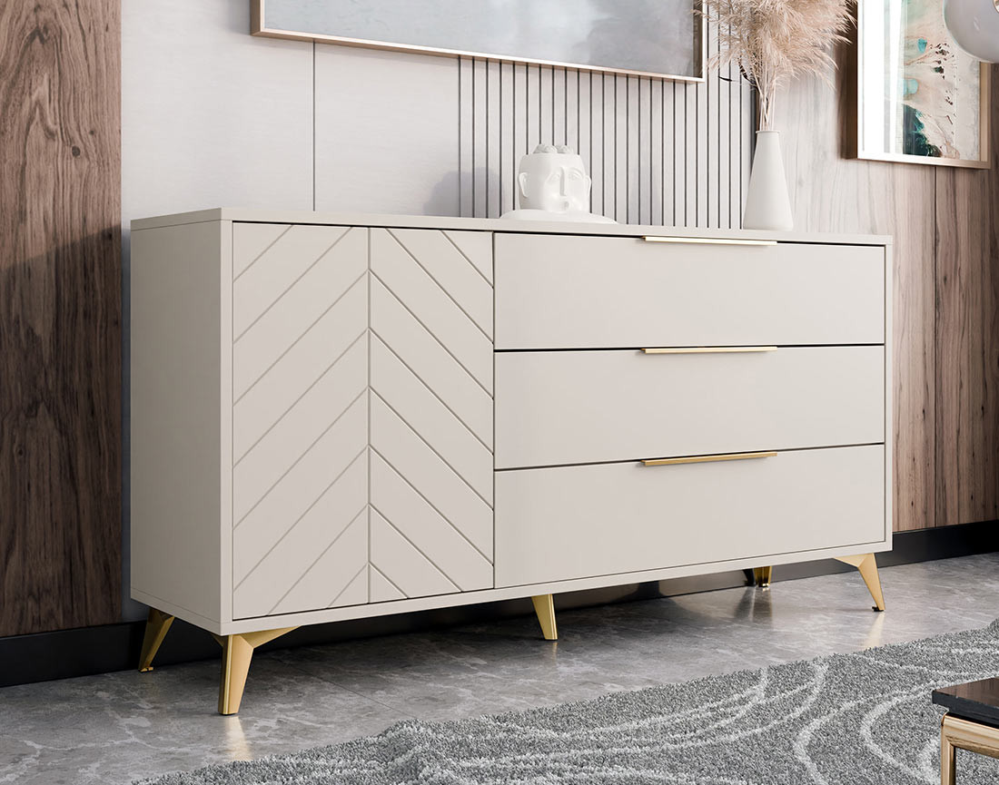 Buffet bas beige 3 tiroirs et 1 porte 154 cm Boccioni