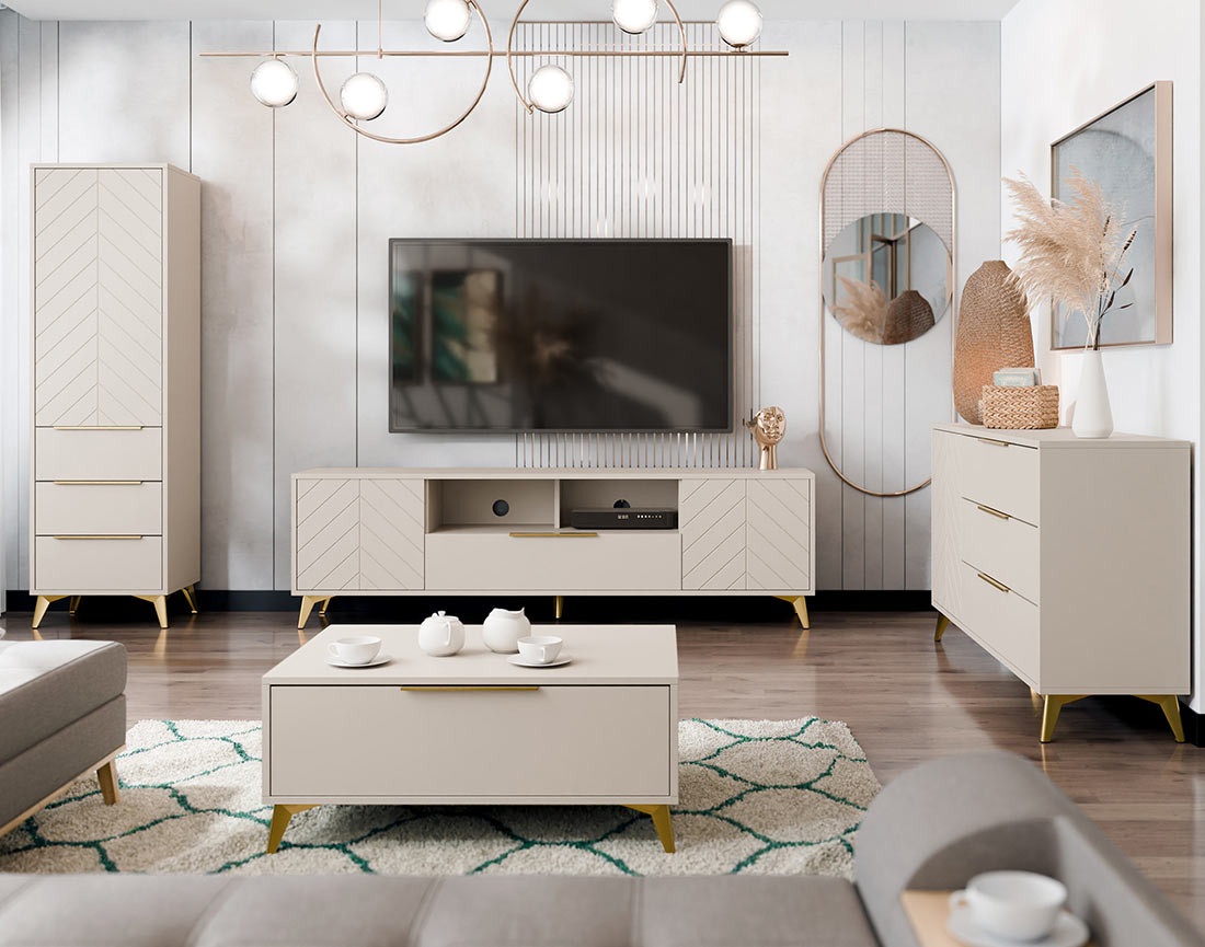 Buffet haut beige 3 tiroirs et 1 porte 54x180 cm Boccioni