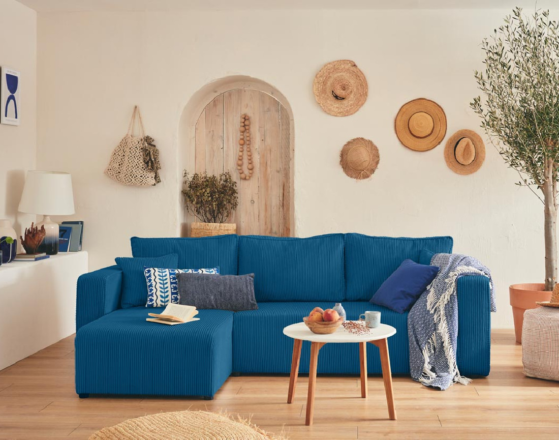 Canapé d'angle réversible 4 places convertible avec coffre en velours côtelé Topaze