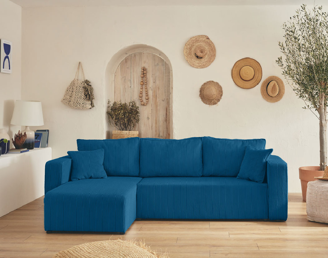 Canapé d'angle réversible 4 places convertible avec coffre en velours côtelé Topaze