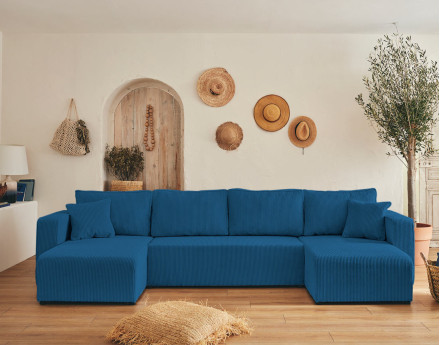 Canapé panoramique en U 7 places convertible avec coffre en velours côtelé Topaze