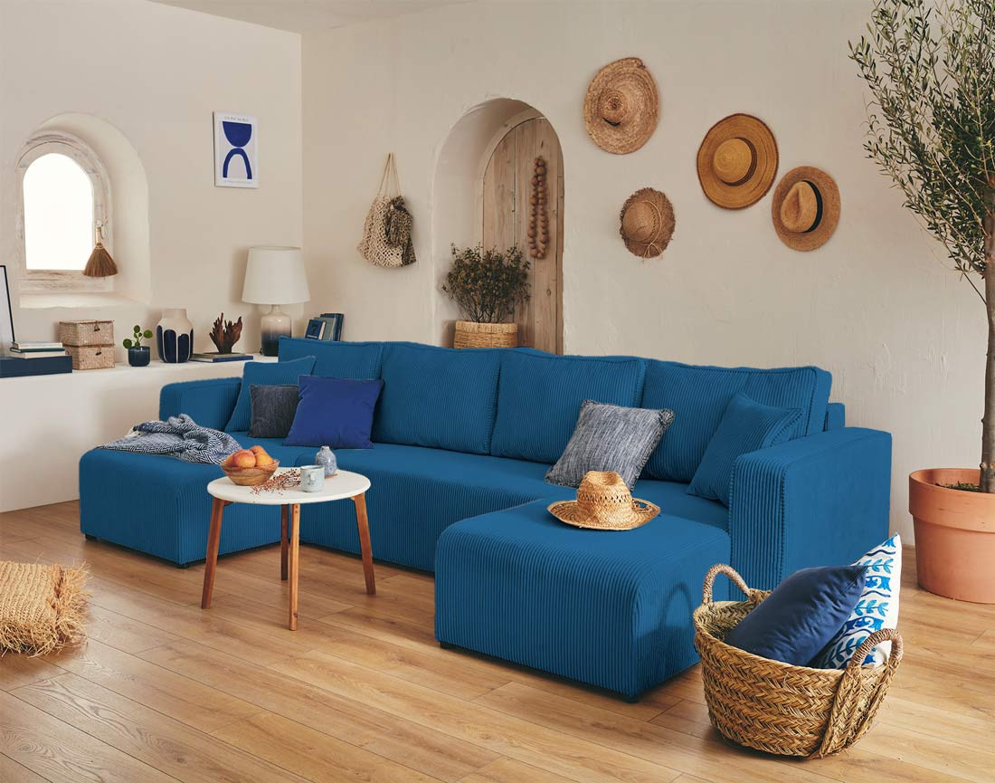 Canapé panoramique en U 7 places convertible avec coffre en velours côtelé Topaze