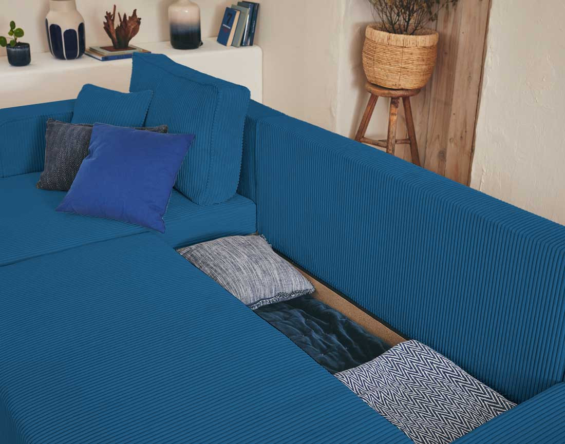 Canapé panoramique en U 7 places convertible avec coffre en velours côtelé Topaze