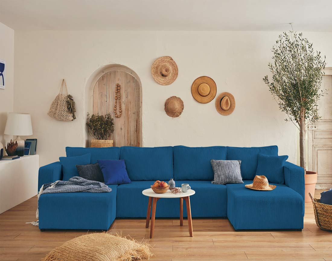 Canapé panoramique en U 7 places convertible avec coffre en velours côtelé Topaze