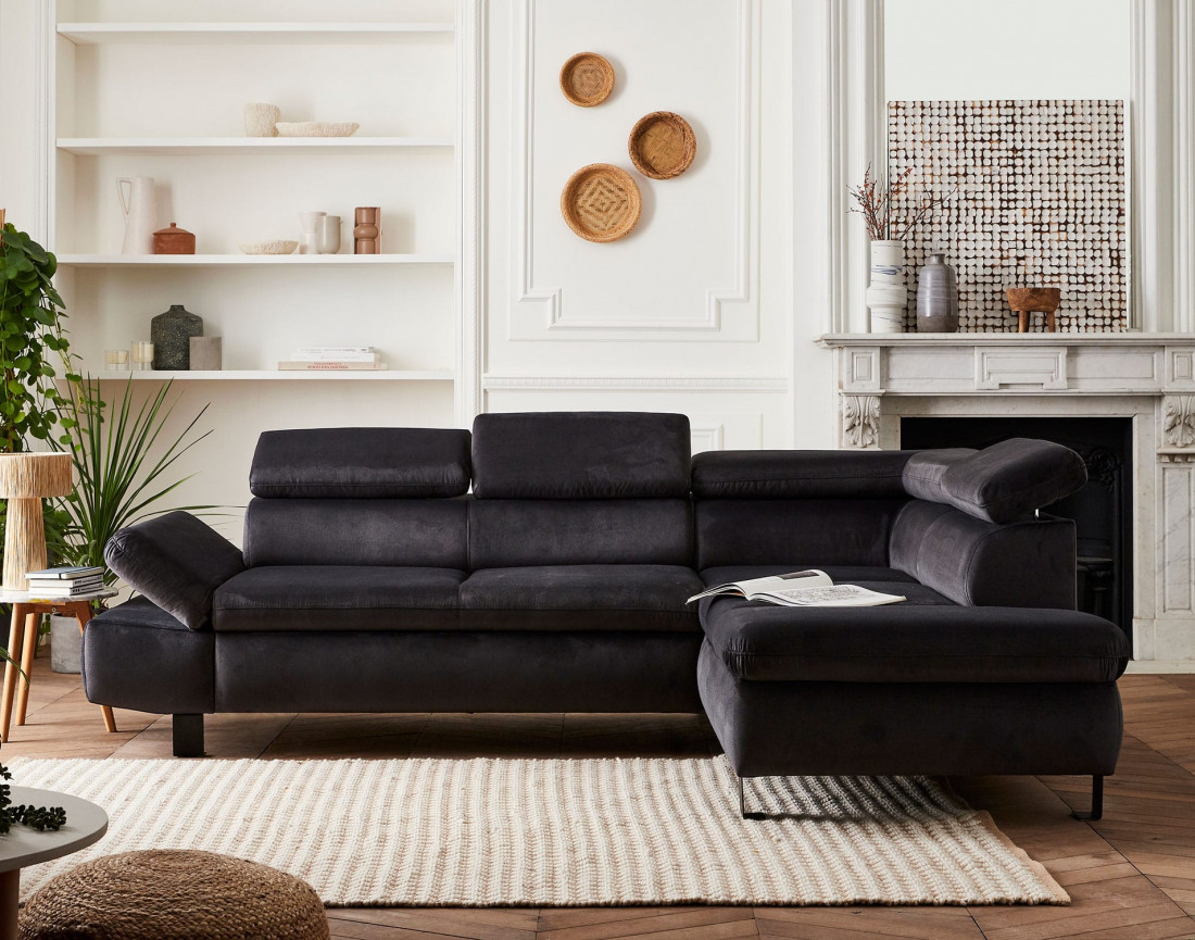 Nairobi - Canapé d'angle convertible - en velours - 5 places - avec têtières - Droit