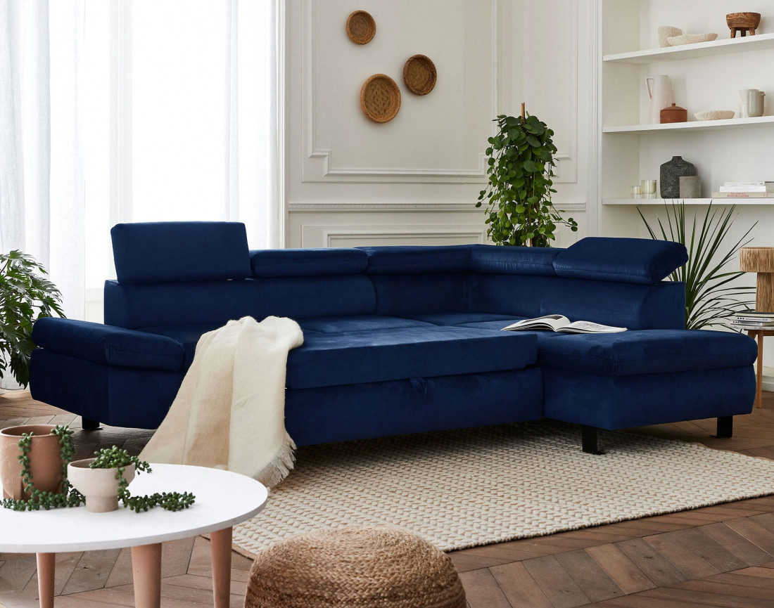Nairobi - Canapé d'angle convertible - en velours - 5 places - avec têtières - Droit