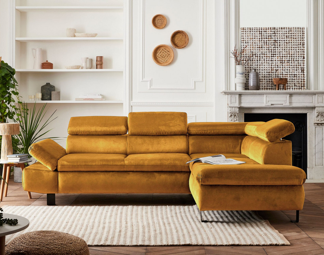 Nairobi - Canapé d'angle convertible - en velours - 5 places - avec têtières - Droit