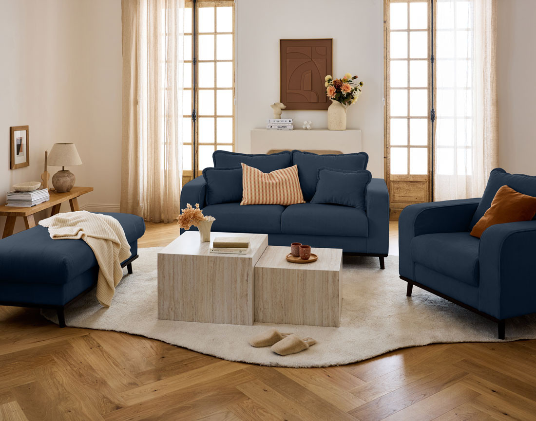 Pouf en velours côtelé pieds bois foncé - Albane