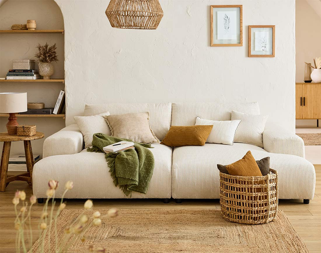 Canapé droit 4 places double méridienne en velours côtelé Garance