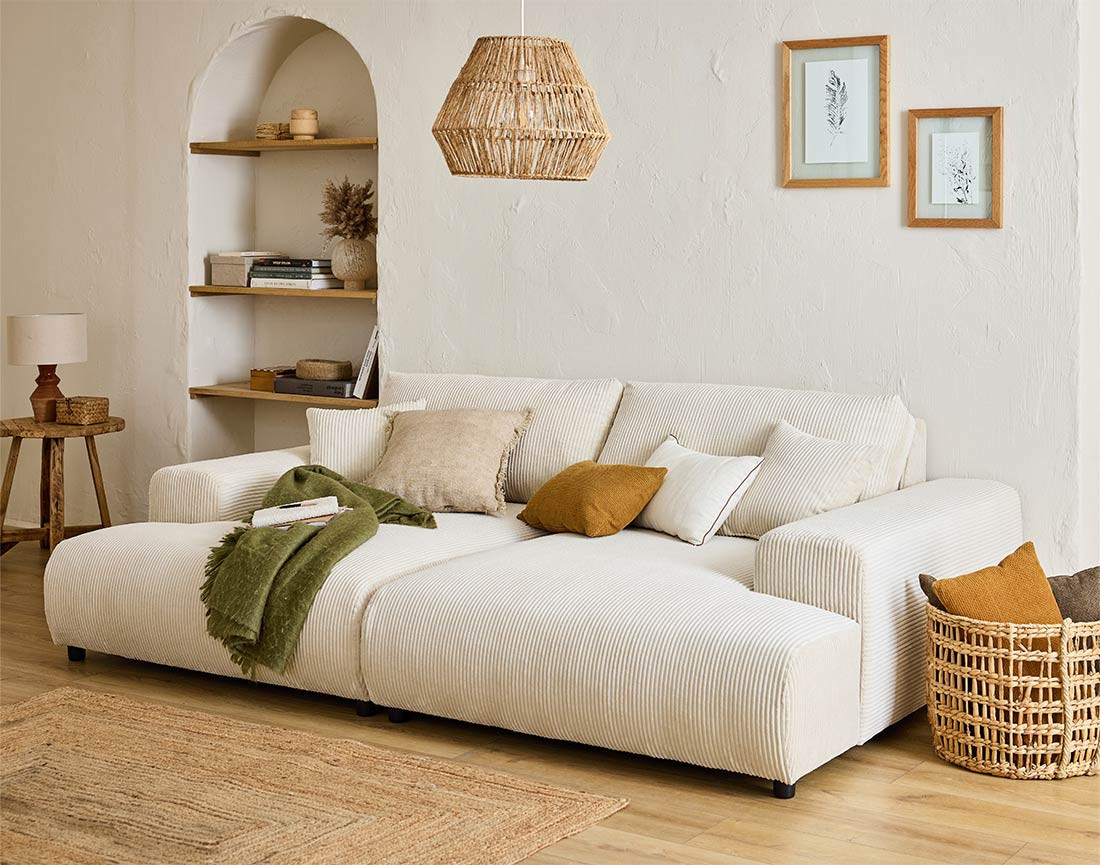 Canapé droit 4 places double méridienne en velours côtelé Garance