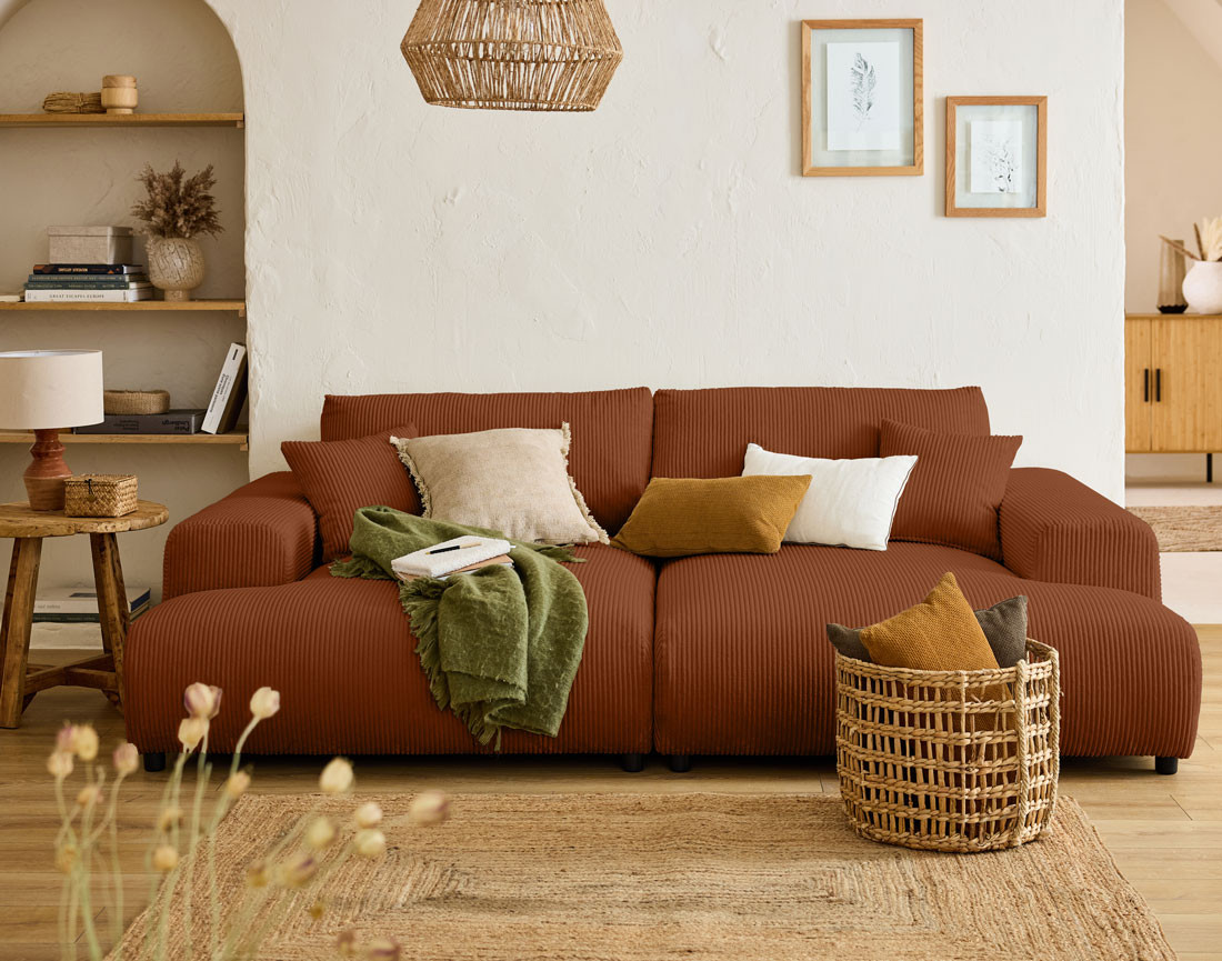 Canapé droit 4 places double méridienne en velours côtelé Garance
