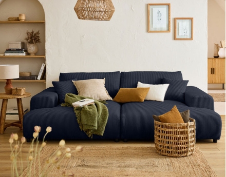 Canapé droit 4 places double méridienne en velours côtelé Garance