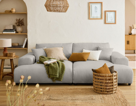 Canapé droit 4 places double méridienne en velours côtelé Garance