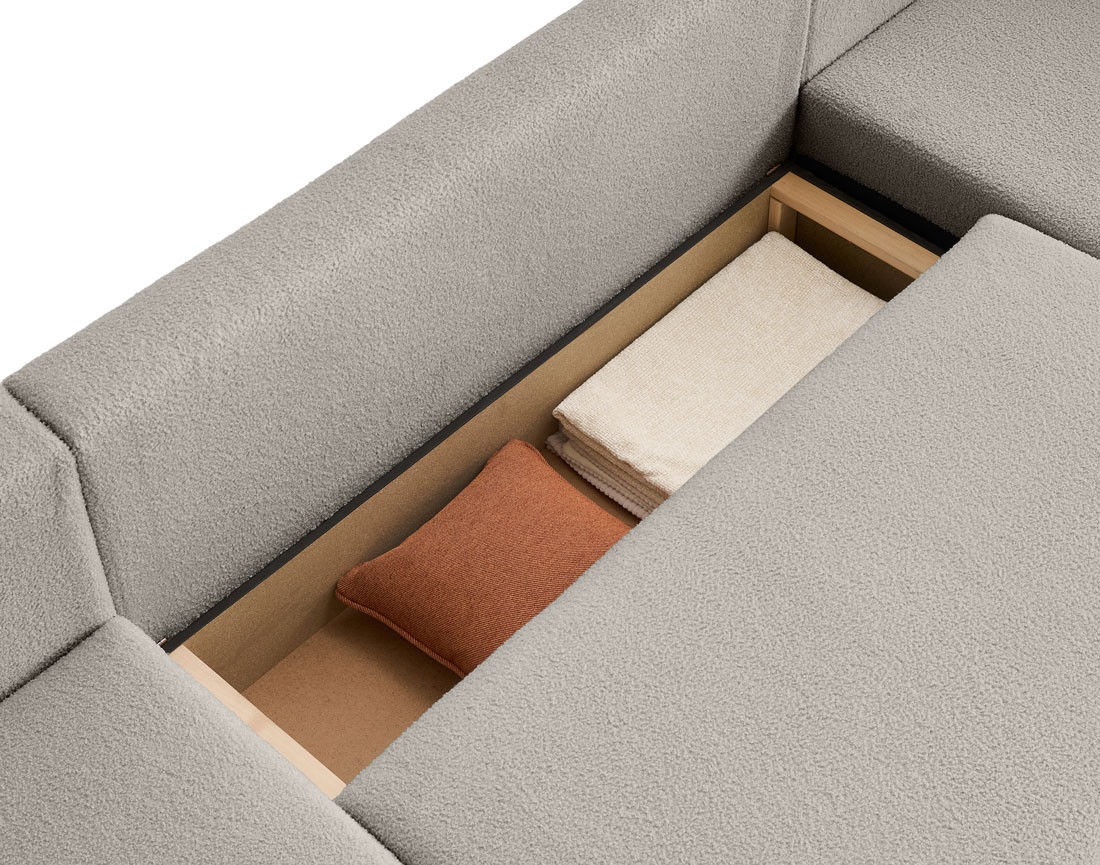 Canapé panoramique en U 7 places convertible avec coffre en tissu bouclette Topaze