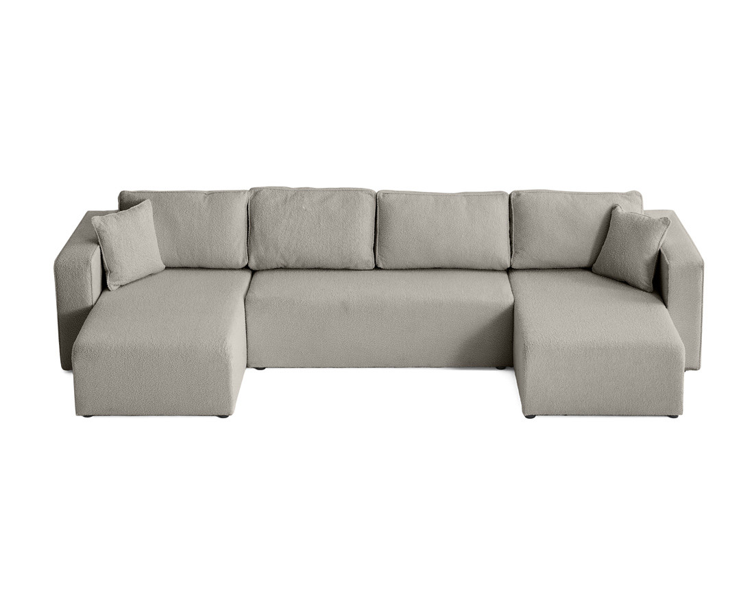 Canapé panoramique en U 7 places convertible avec coffre en tissu bouclette Topaze