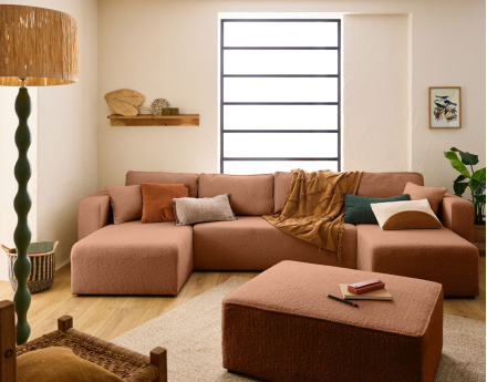 Canapé panoramique en U 7 places convertible avec coffre en tissu bouclette Topaze