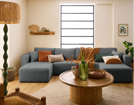 Canapé panoramique en U 7 places convertible avec coffre en tissu bouclette Topaze