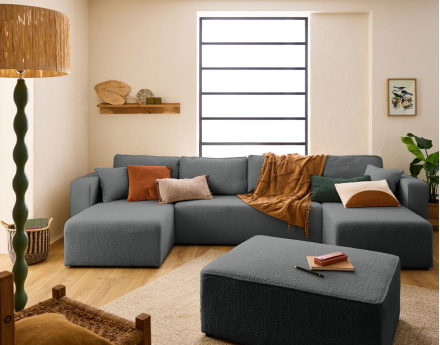 Canapé panoramique en U 7 places convertible avec coffre en tissu bouclette Topaze