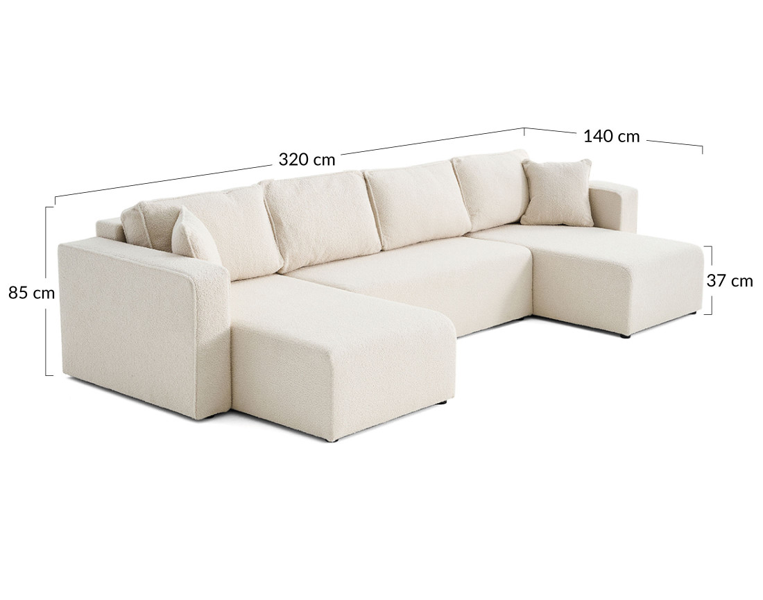 Canapé panoramique en U 7 places convertible avec coffre en tissu bouclette Topaze