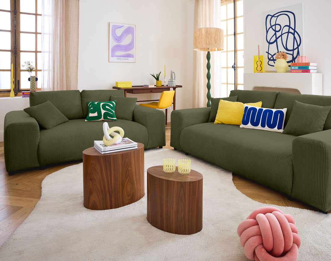 Canapé droit 2 places en velours côtelé Garance