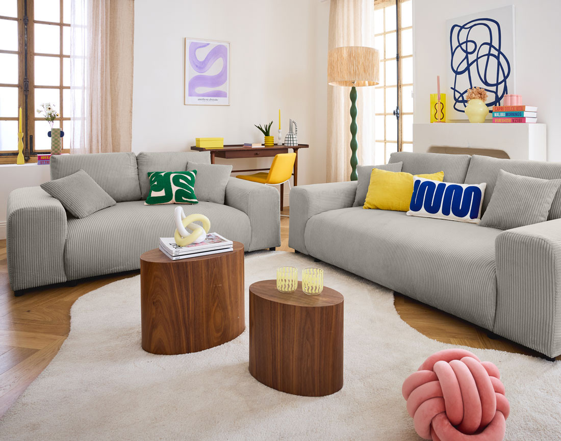 Canapé droit 2 places en velours côtelé Garance