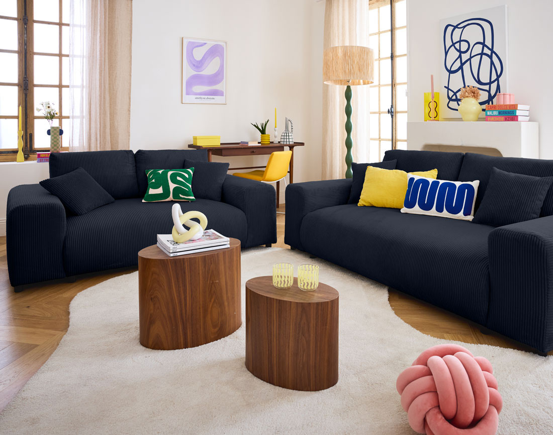 Canapé droit 3 places en velours côtelé Garance