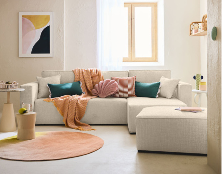 Canapé d'angle réversible 4 places convertible avec coffre en tissu velours relief Topaze