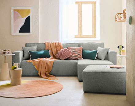 Canapé d'angle réversible 4 places convertible avec coffre en tissu velours relief Topaze