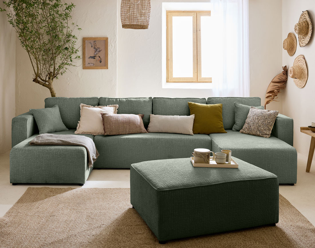 Canapé panoramique en U convertible avec coffre en tissu velours relief Topaze