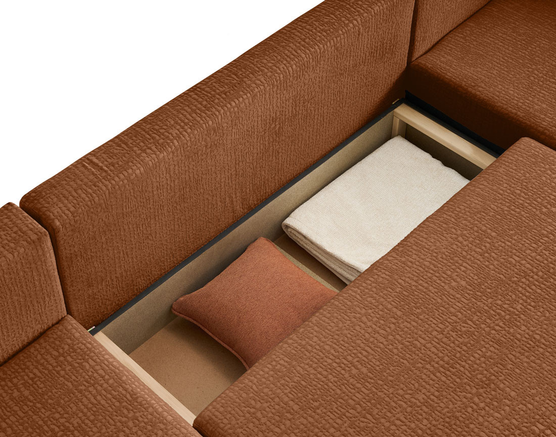 Canapé panoramique en U convertible avec coffre en tissu velours relief Topaze