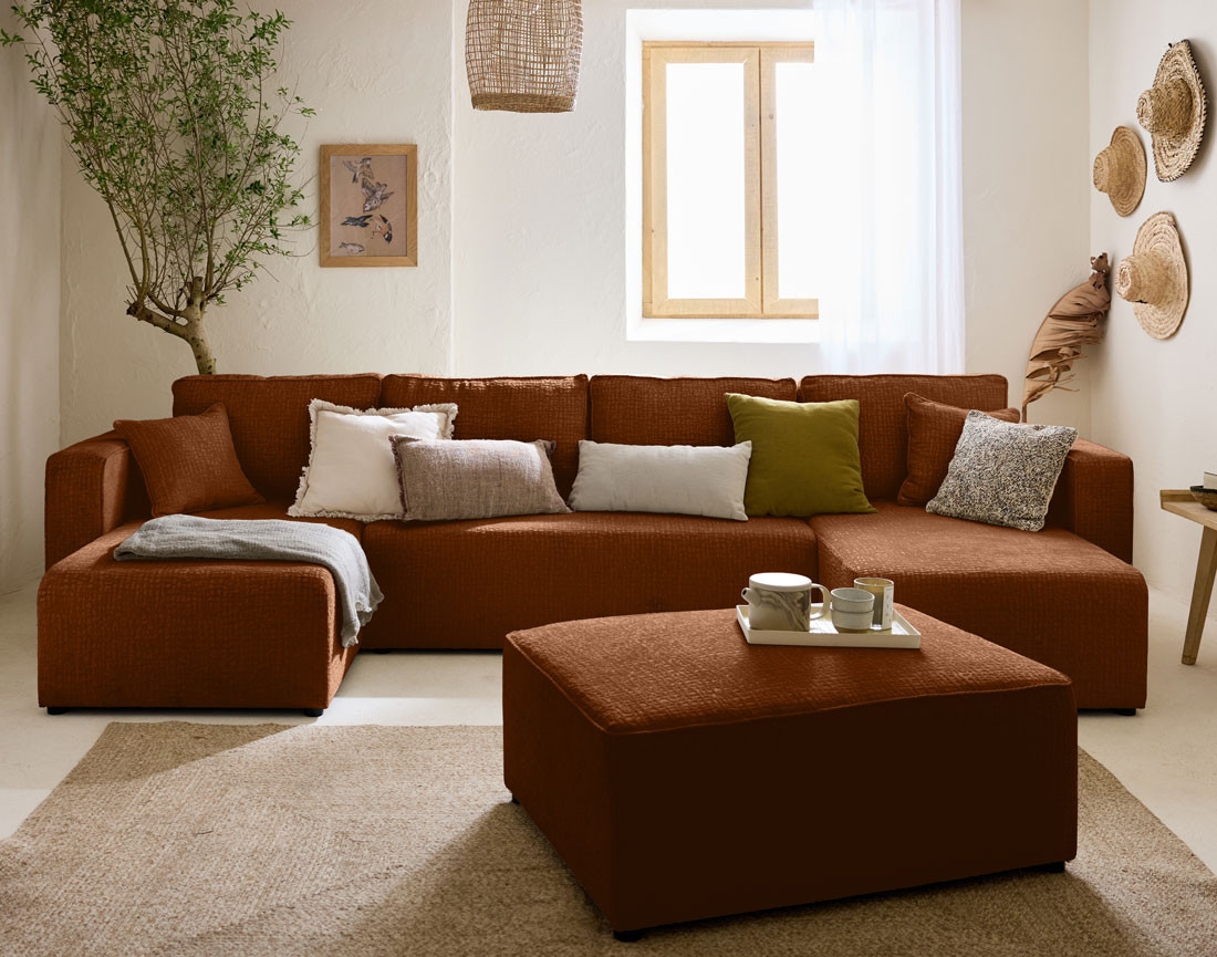 Canapé panoramique en U convertible avec coffre en tissu velours relief Topaze