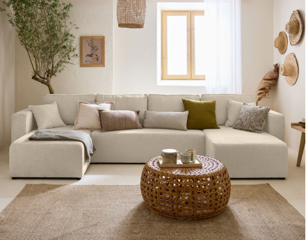 Canapé panoramique en U convertible avec coffre en tissu velours relief Topaze