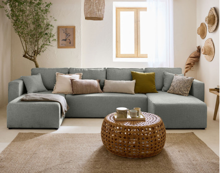 Canapé panoramique en U convertible avec coffre en tissu velours relief Topaze