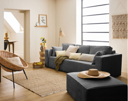 Canapé 3 places convertible avec coffre en velours côtelé plat Topaze