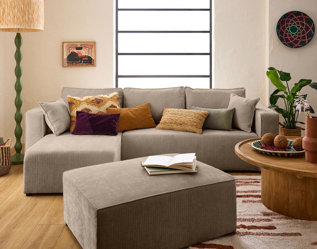 Canapé d'angle convertible avec coffre en velours côtelé plat Topaze